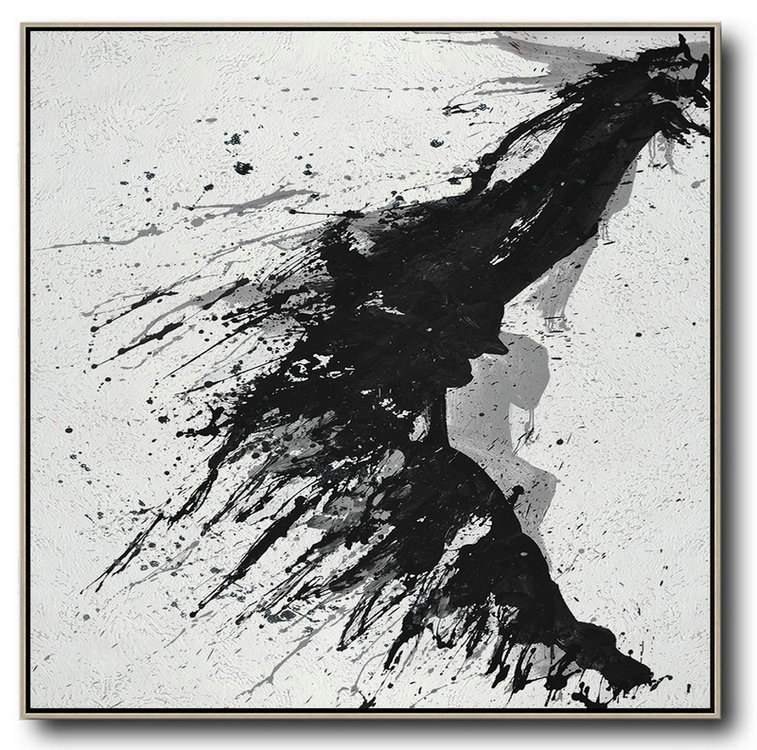 Large Contemporary Art Acrylic Painting,Minimalist Drip Painting On Canvas, Black, White, Grey - Original Modern Art,Large Wall Art Handmade
